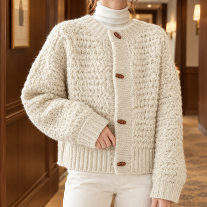Chunky Waffle Knit Cardigan with Wooden Toggle Buttons