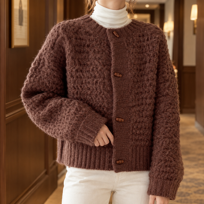 Chunky Waffle Knit Cardigan with Wooden Toggle Buttons