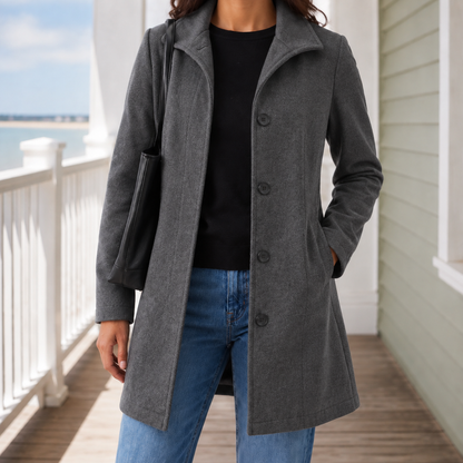 Classic Wool Coat with Wide Collar and Slanted Pockets