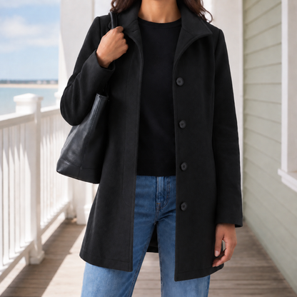 Classic Wool Coat with Wide Collar and Slanted Pockets