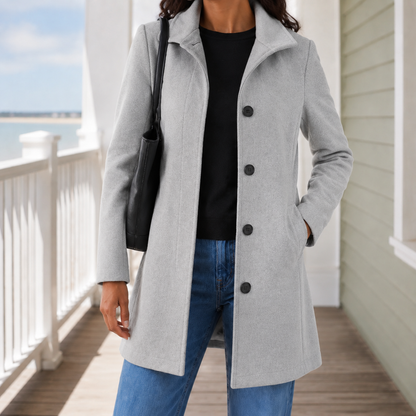 Classic Wool Coat with Wide Collar and Slanted Pockets
