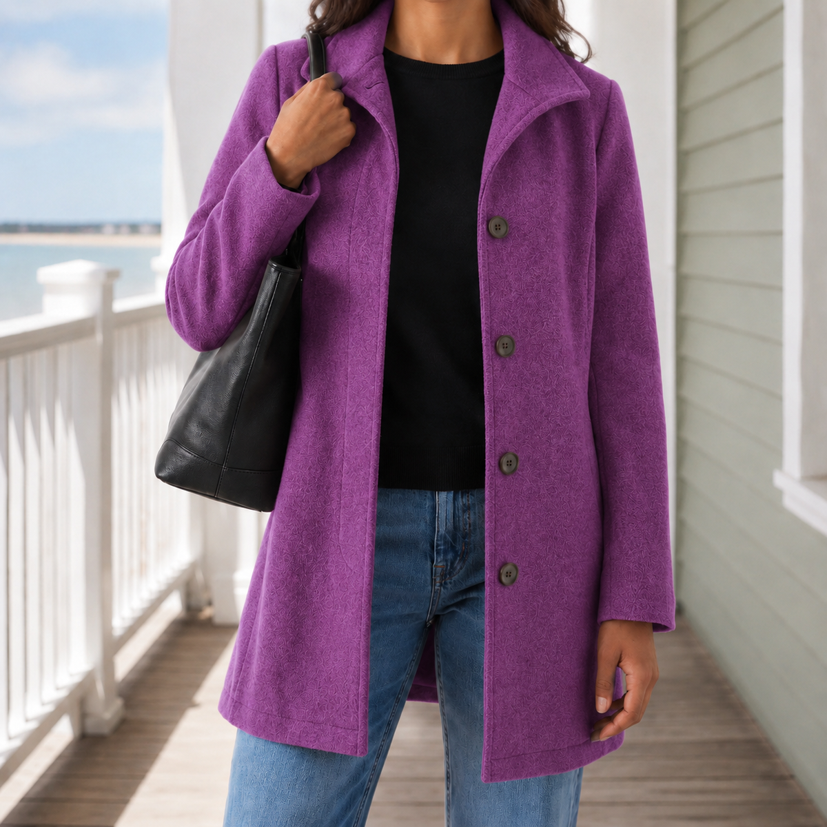 Classic Wool Coat with Wide Collar and Slanted Pockets