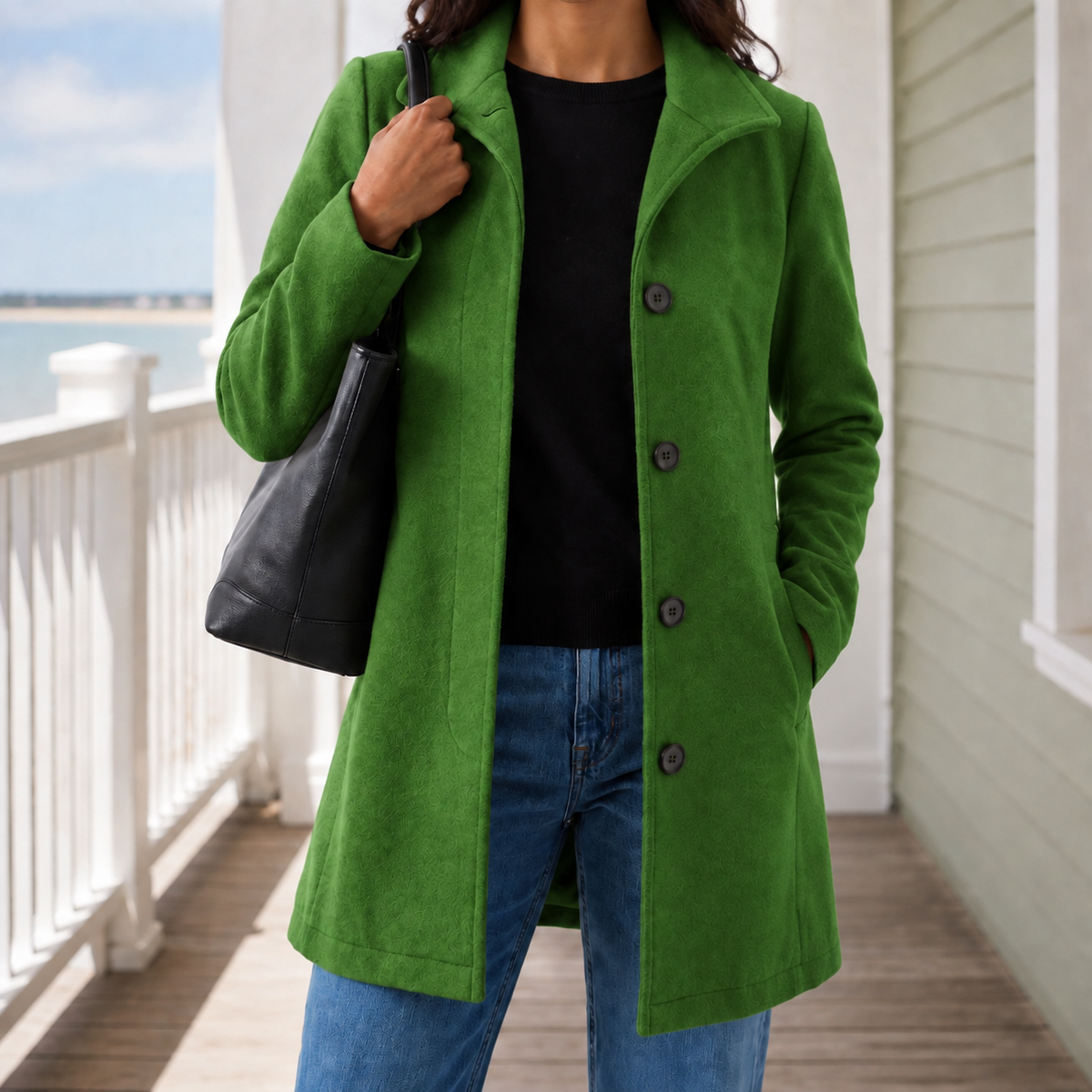 Classic Wool Coat with Wide Collar and Slanted Pockets