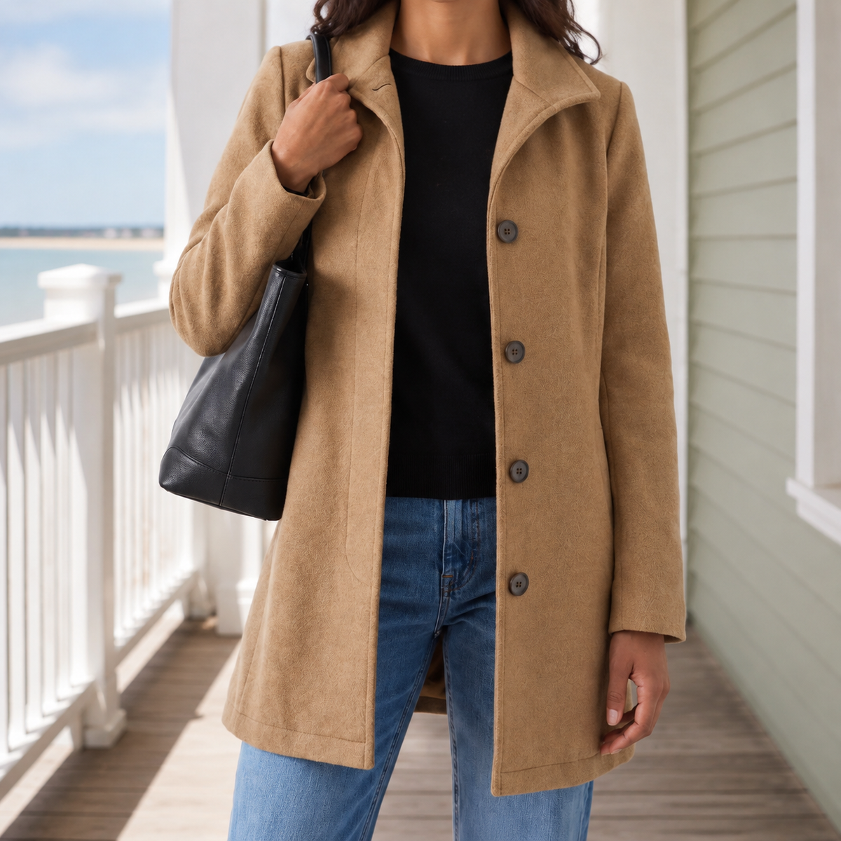 Classic Wool Coat with Wide Collar and Slanted Pockets
