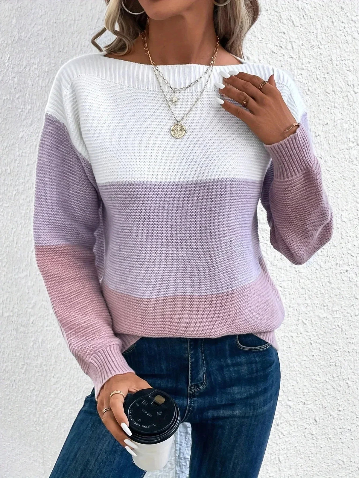 Colour Block Knit Sweater with Round Neck and Long Sleeves