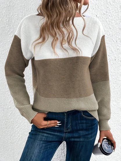 Colour Block Knit Sweater with Round Neck and Long Sleeves