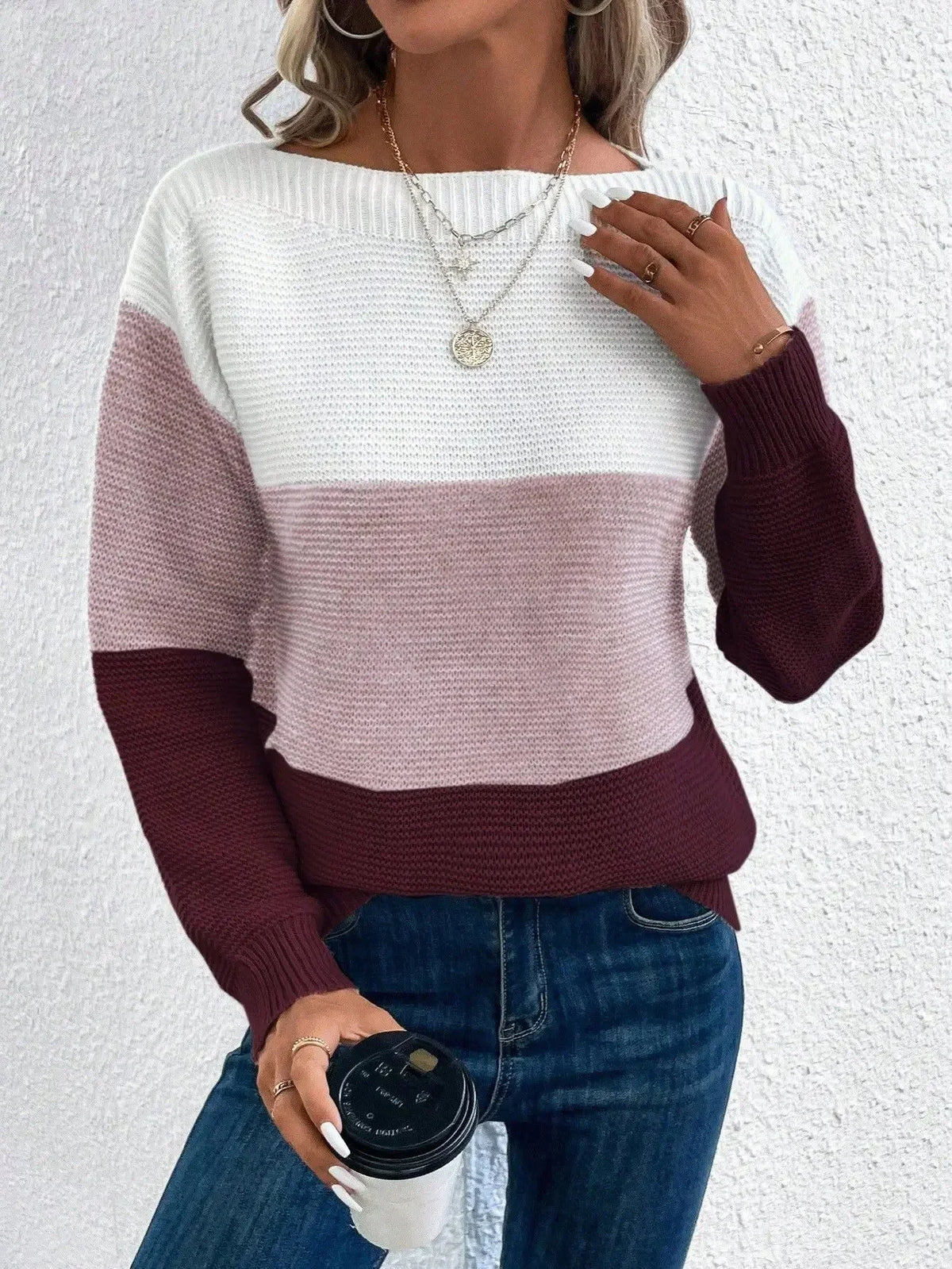 Colour Block Knit Sweater with Round Neck and Long Sleeves