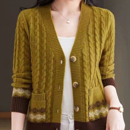 Cosy Cable Knit Cardigan with Fair Isle Trim and Wooden Buttons