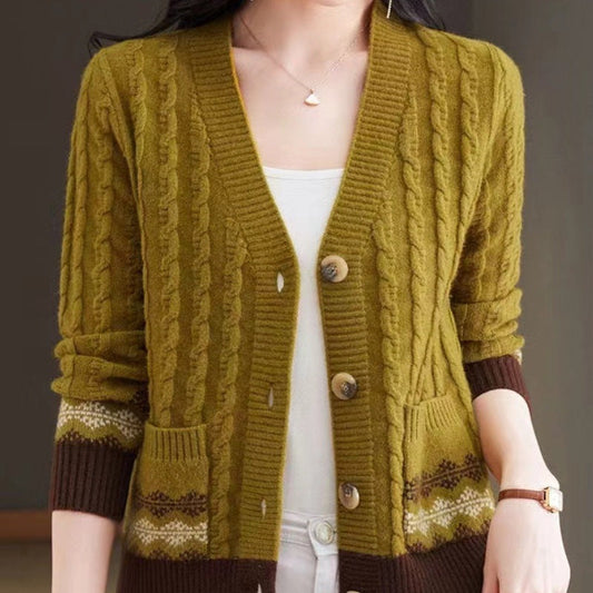Cosy Cable Knit Cardigan with Fair Isle Trim and Wooden Buttons