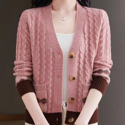 Cosy Cable Knit Cardigan with Fair Isle Trim and Wooden Buttons