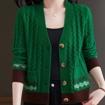 Cosy Cable Knit Cardigan with Fair Isle Trim and Wooden Buttons