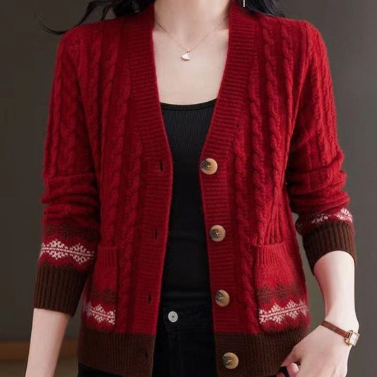 Cosy Cable Knit Cardigan with Fair Isle Trim and Wooden Buttons