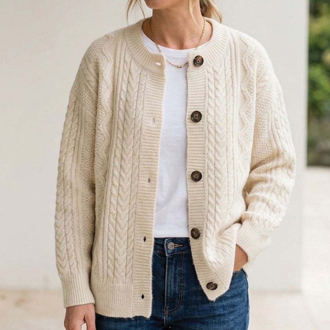 Cosy Chunky Cable Knit Cardigan with Round Neck