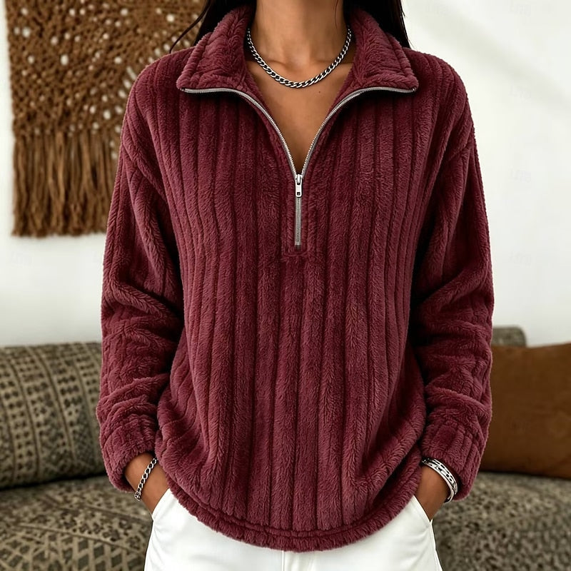 Cosy Fleece Half Zip Sweatshirt with Ribbed Texture