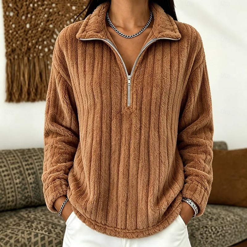 Cosy Fleece Half Zip Sweatshirt with Ribbed Texture