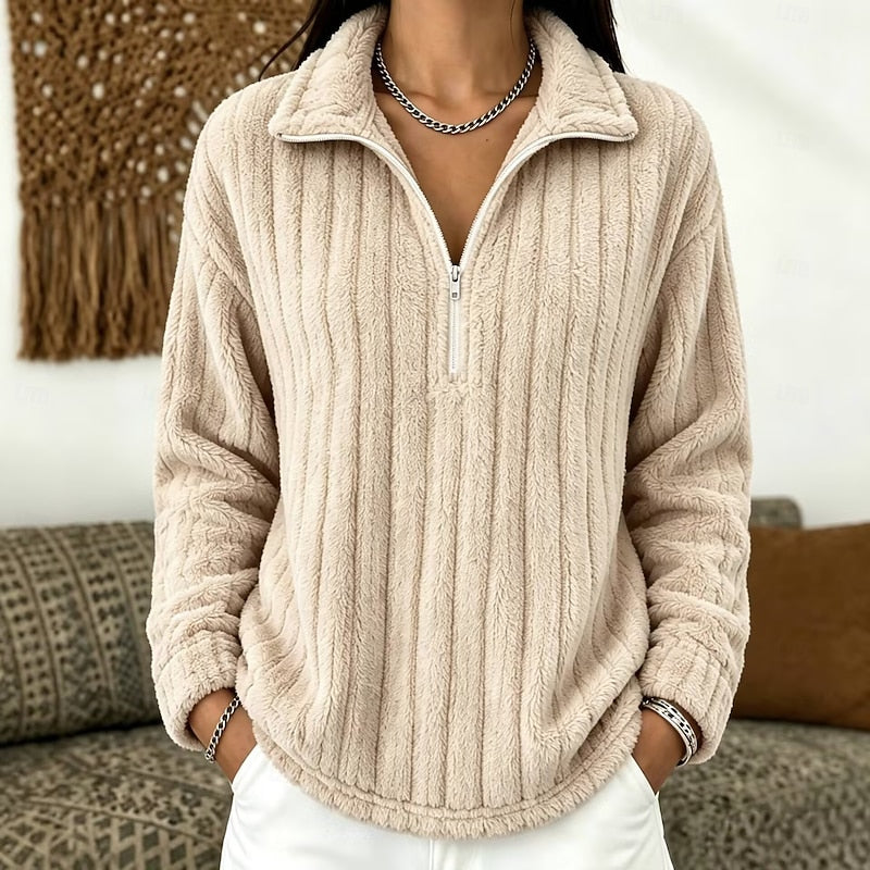 Cosy Fleece Half Zip Sweatshirt with Ribbed Texture