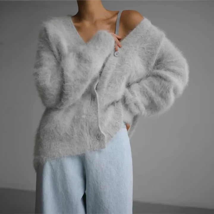 Cosy Fluffy Knit Cardigan with V-Neckline