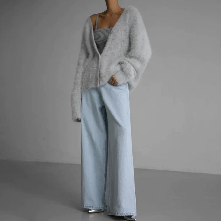 Cosy Fluffy Knit Cardigan with V-Neckline