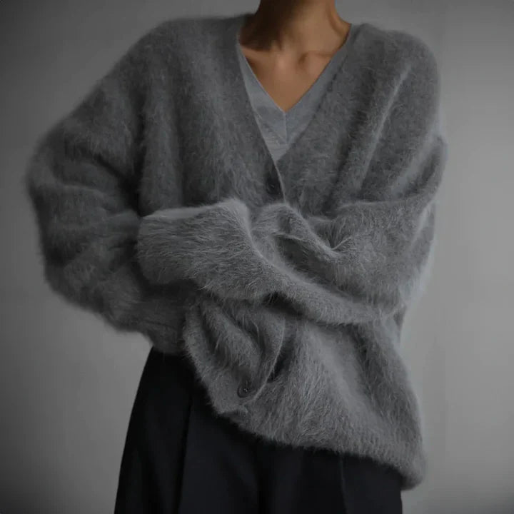 Cosy Fluffy Knit Cardigan with V-Neckline