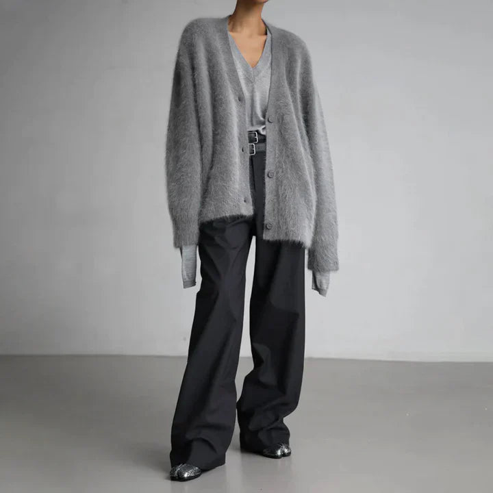 Cosy Fluffy Knit Cardigan with V-Neckline