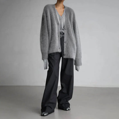 Cosy Fluffy Knit Cardigan with V-Neckline
