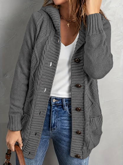 Cosy Hooded Cable Knit Cardigan with Fleece Lining