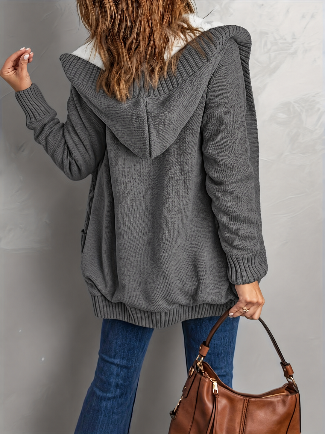 Cosy Hooded Cable Knit Cardigan with Fleece Lining