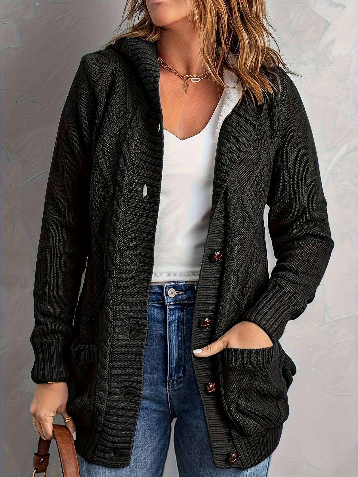 Cosy Hooded Cable Knit Cardigan with Fleece Lining