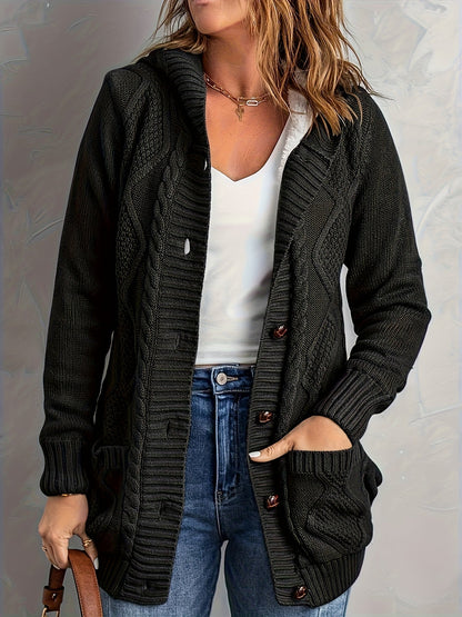 Cosy Hooded Cable Knit Cardigan with Fleece Lining