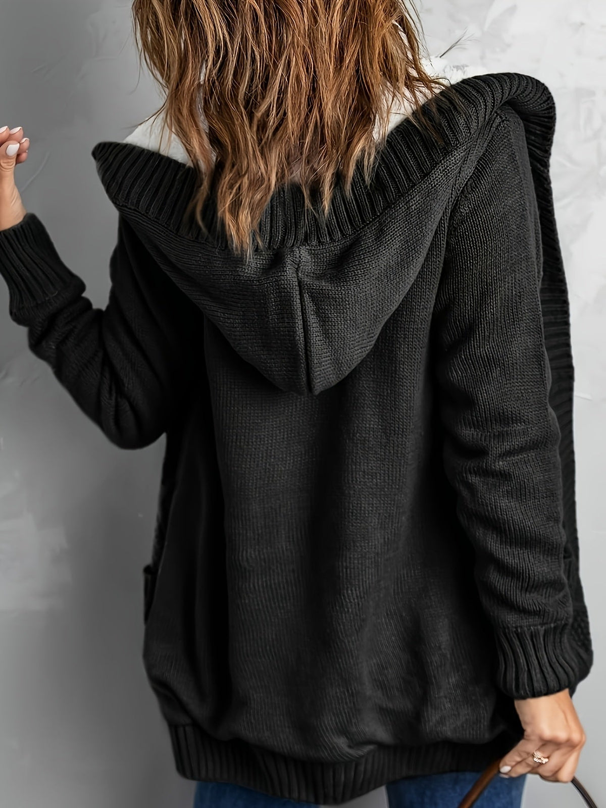 Cosy Hooded Cable Knit Cardigan with Fleece Lining