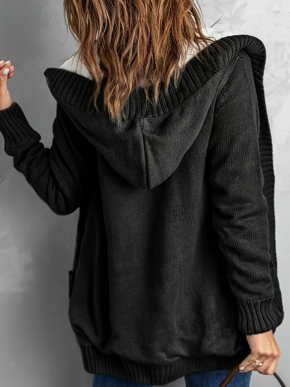 Cosy Hooded Cable Knit Cardigan with Fleece Lining