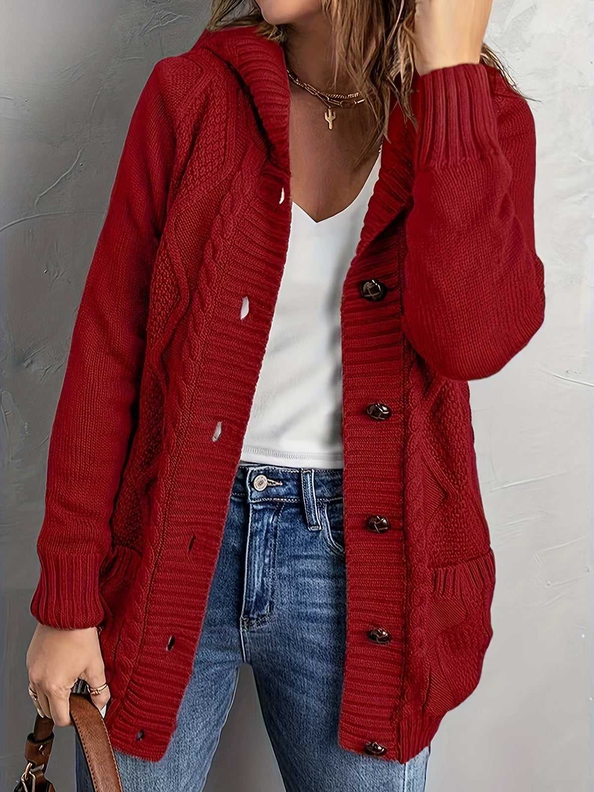 Cosy Hooded Cable Knit Cardigan with Fleece Lining