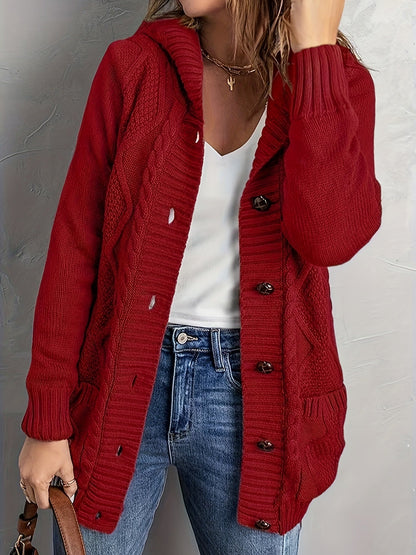 Cosy Hooded Cable Knit Cardigan with Fleece Lining