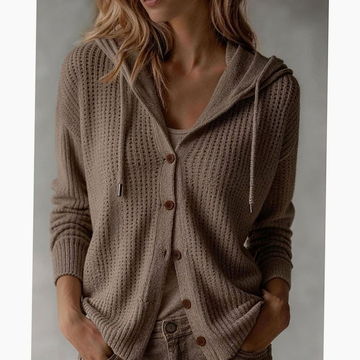 Cosy Hooded Knit Cardigan with Drawstring and Side Pockets