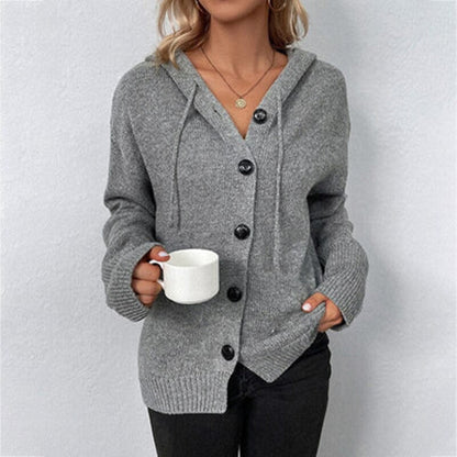 Cosy Hooded Knit Cardigan with Large Button Front