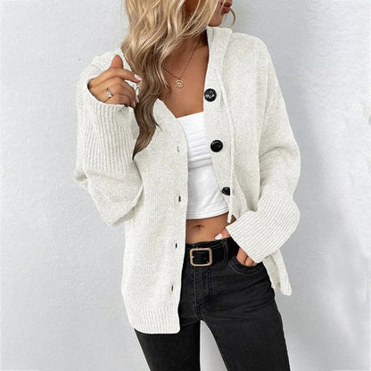 Cosy Hooded Knit Cardigan with Large Button Front