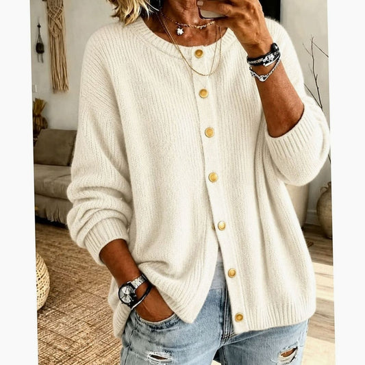 Cosy Knit Cardigan with Gold Snap Buttons and Round Neck
