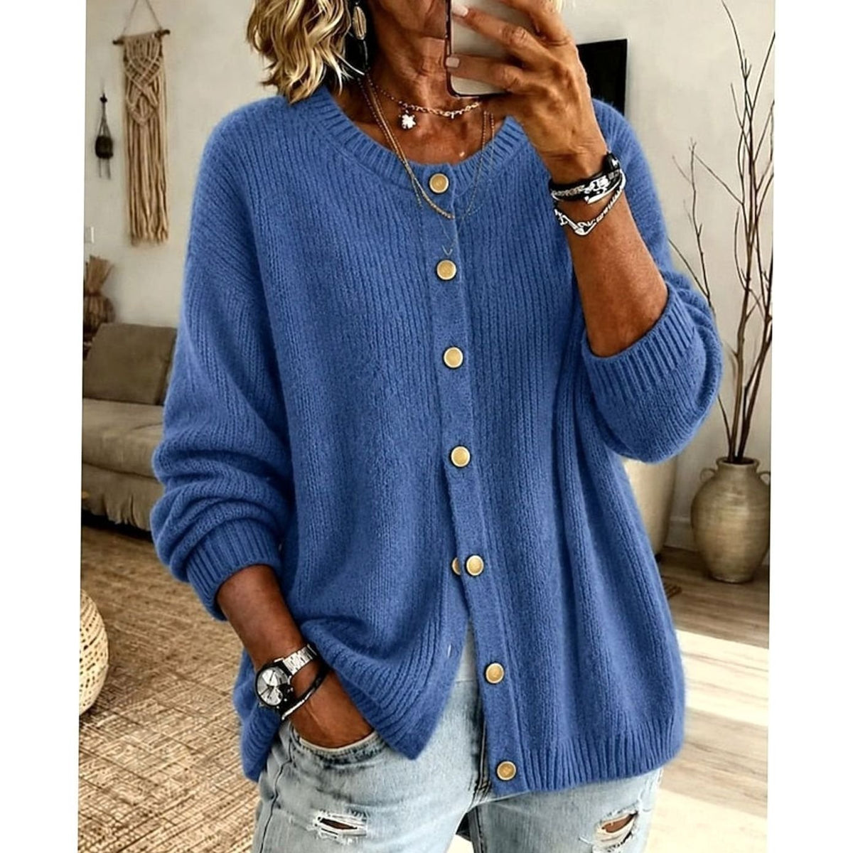 Cosy Knit Cardigan with Gold Snap Buttons and Round Neck