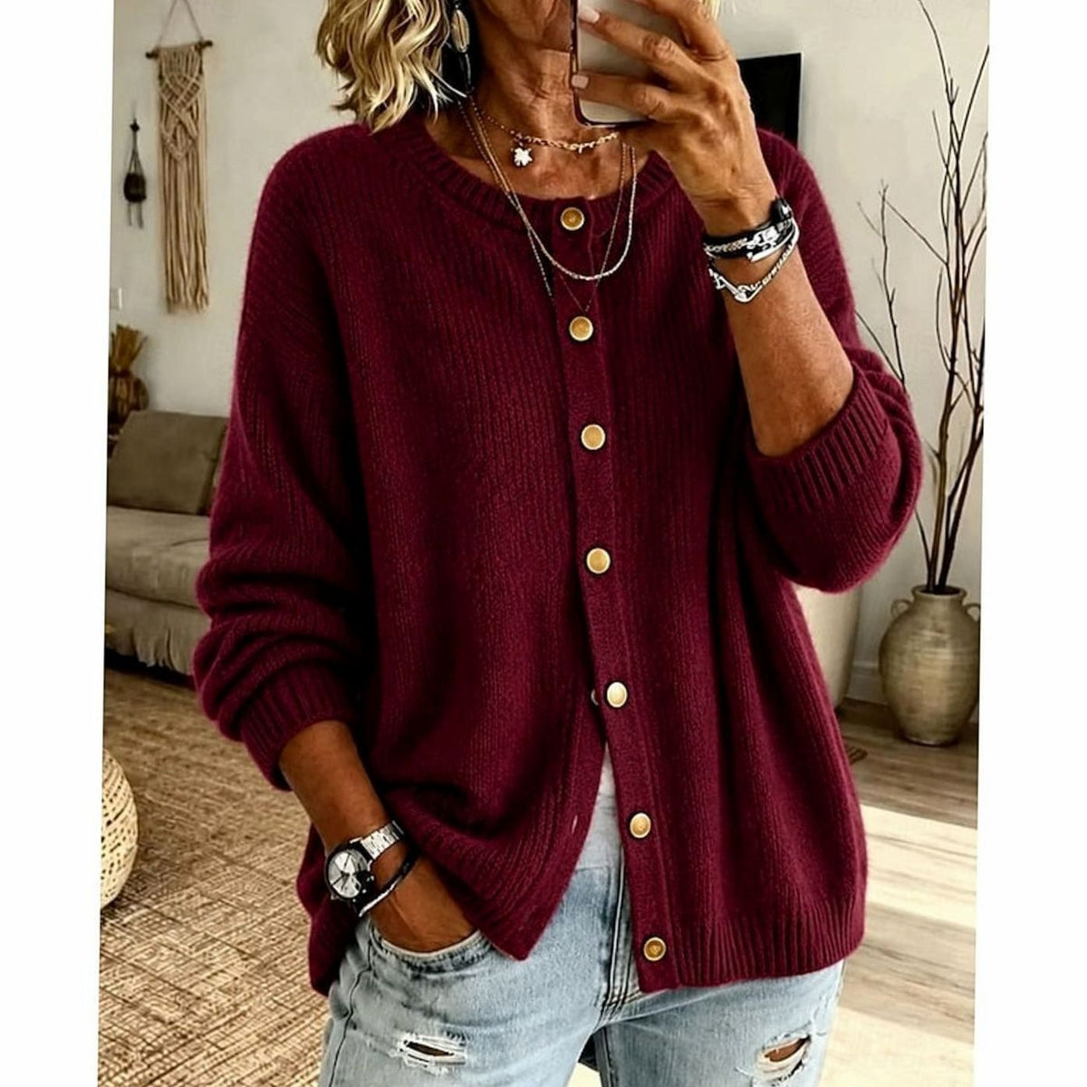 Cosy Knit Cardigan with Gold Snap Buttons and Round Neck