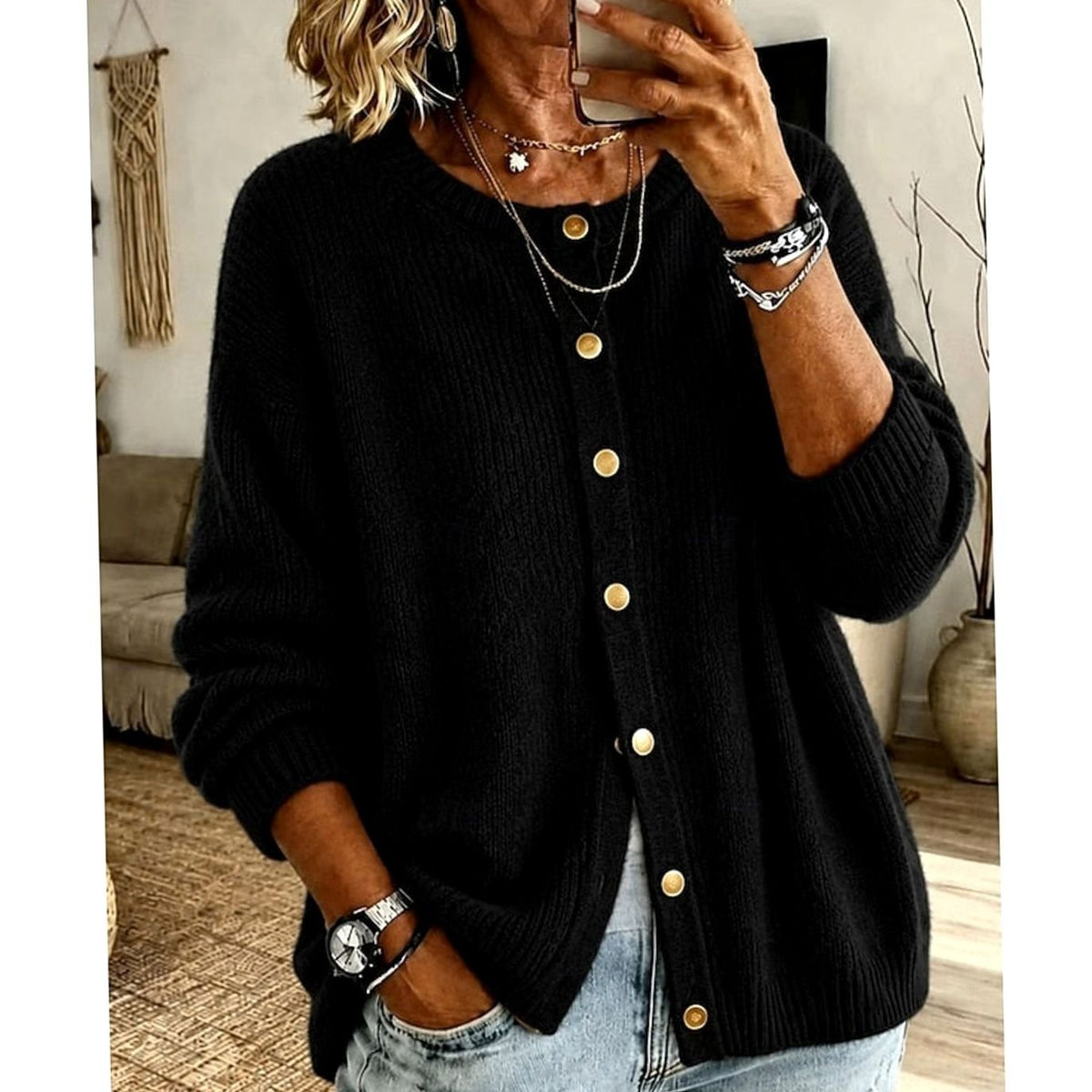 Cosy Knit Cardigan with Gold Snap Buttons and Round Neck