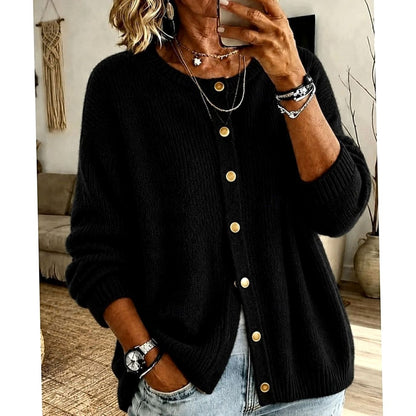 Cosy Knit Cardigan with Gold Snap Buttons and Round Neck
