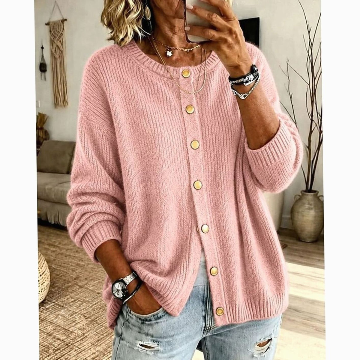 Cosy Knit Cardigan with Gold Snap Buttons and Round Neck