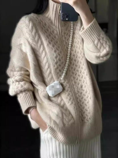 Cosy Oversized Cable Knit Cardigan with Stand Collar