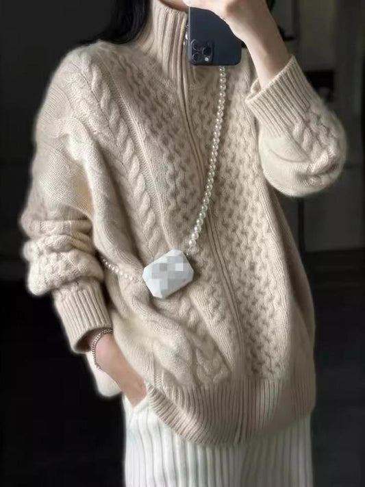 Cosy Oversized Cable Knit Cardigan with Stand Collar