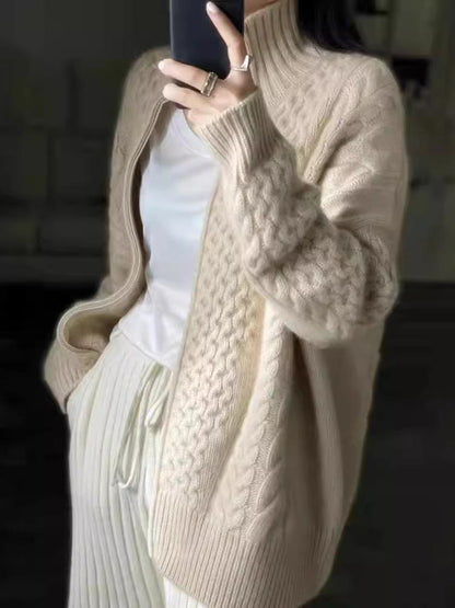 Cosy Oversized Cable Knit Cardigan with Stand Collar