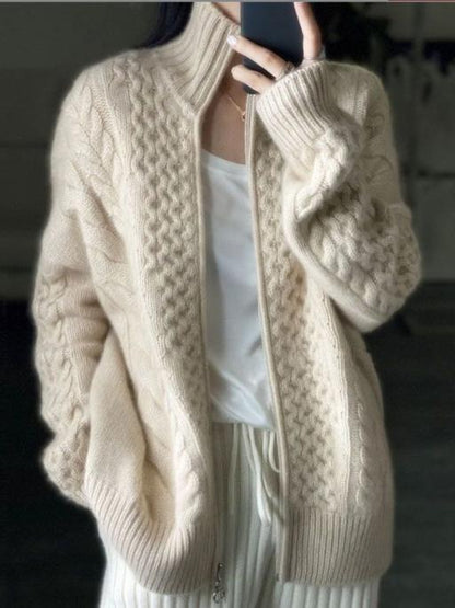 Cosy Oversized Cable Knit Cardigan with Stand Collar