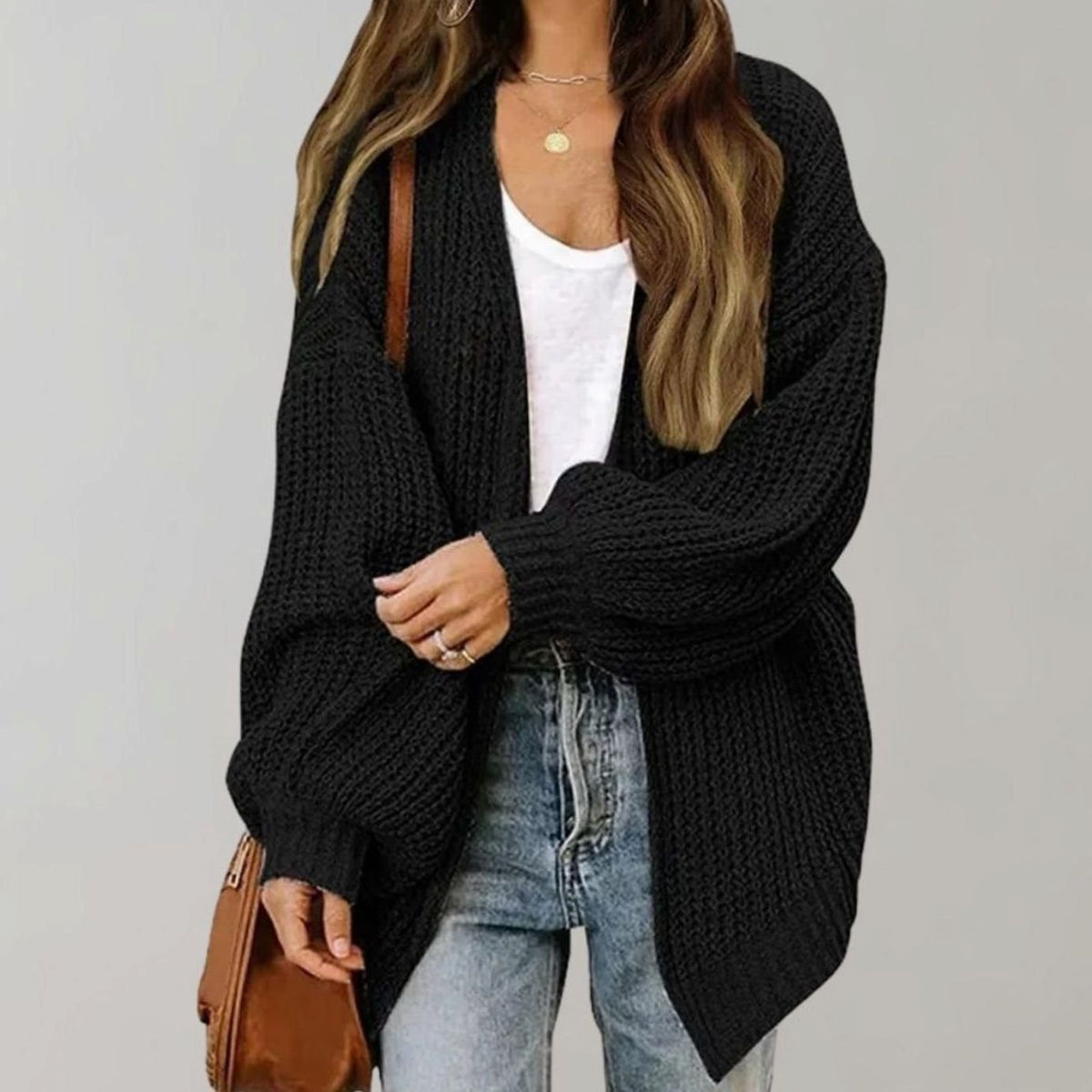 Cosy Oversized Chunky Knit Cardigan with Puff Sleeves