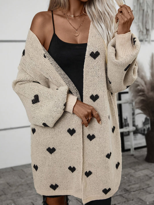 Cosy Oversized Knit Cardigan with Heart Print and Open Front