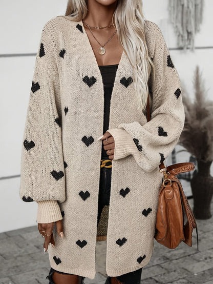 Cosy Oversized Knit Cardigan with Heart Print and Open Front