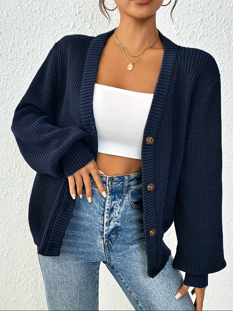 Cosy Oversized Ribbed Knit Cardigan with V-Neckline